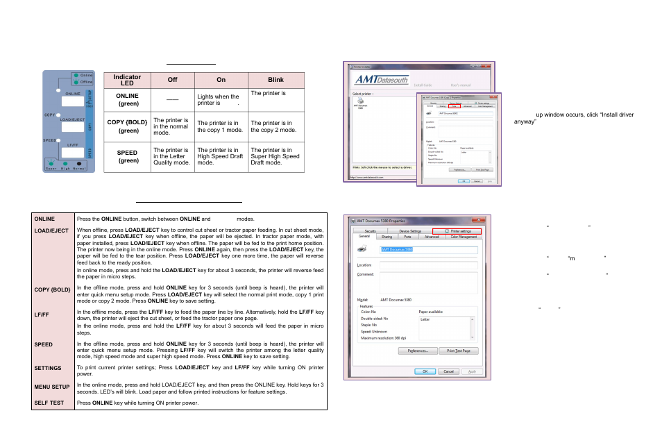 Control panel, Print driver installation, Printer feature setup | AMT Datasouth Documax 5380 User Manual | Page 2 / 2