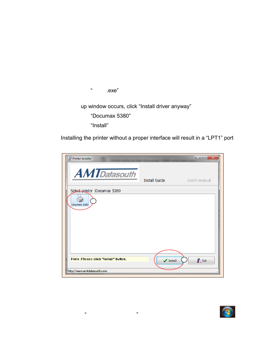 Print driver installation, Win2000 (xp~vista~win7) | AMT Datasouth Documax 5380 User Manual | Page 19 / 38