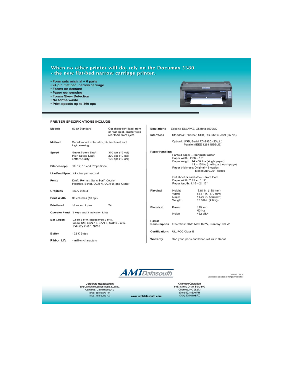 Printer specification | AMT Datasouth Documax 5380 User Manual | Page 38 / 38