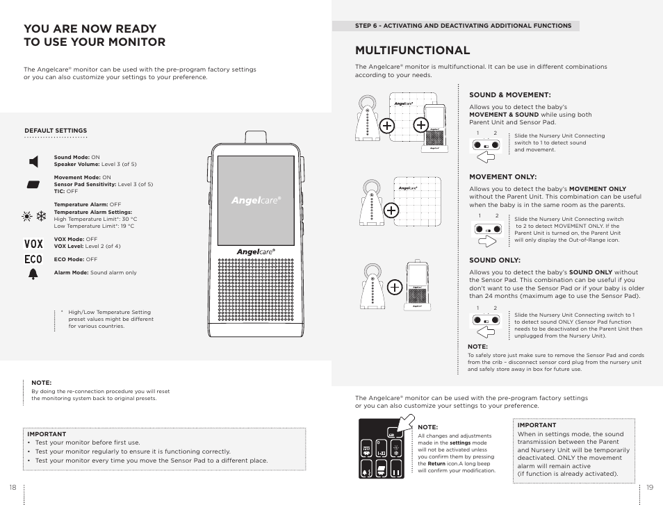 You are now ready to use your monitor, Multifunctional | Angelcare AC701 User Manual | Page 10 / 17