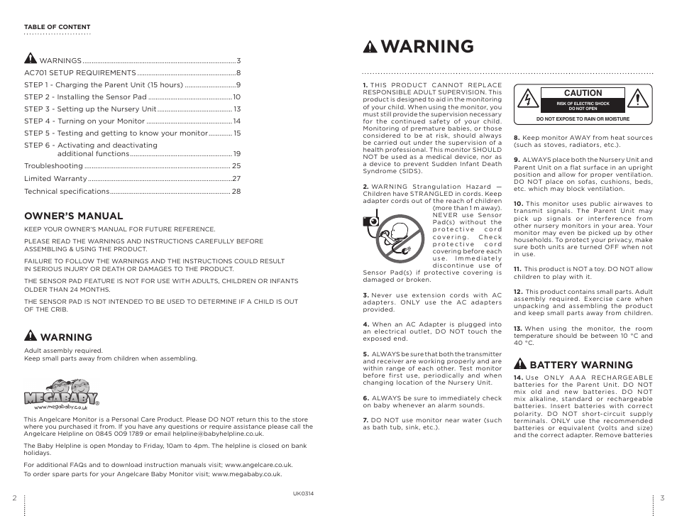 Warning, Battery warning, Owner’s manual | Angelcare AC701 User Manual | Page 2 / 17