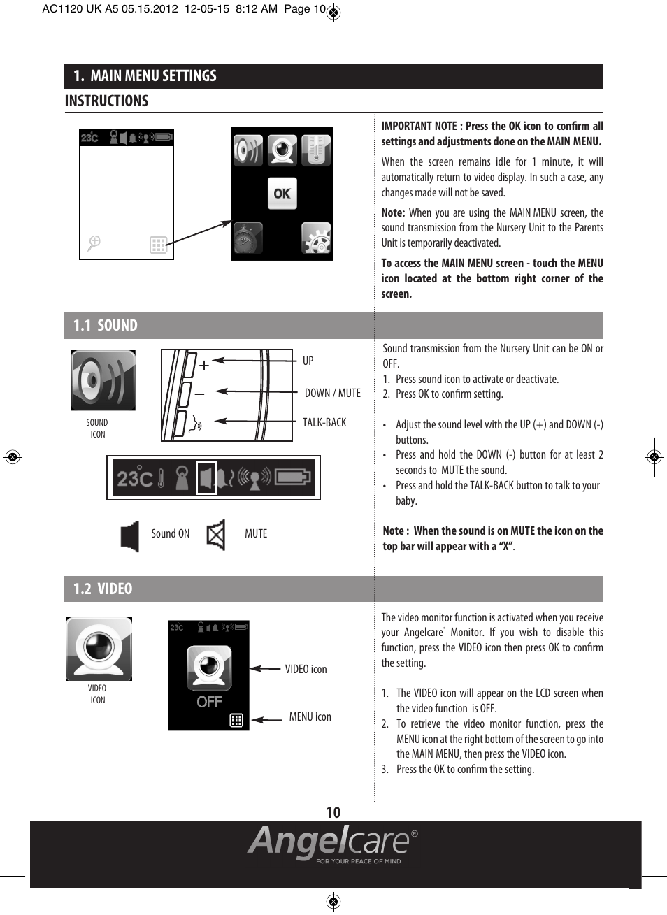 2 video, Main menu settings instructions 1.1 sound 10 | Angelcare AC1120 User Manual | Page 10 / 18