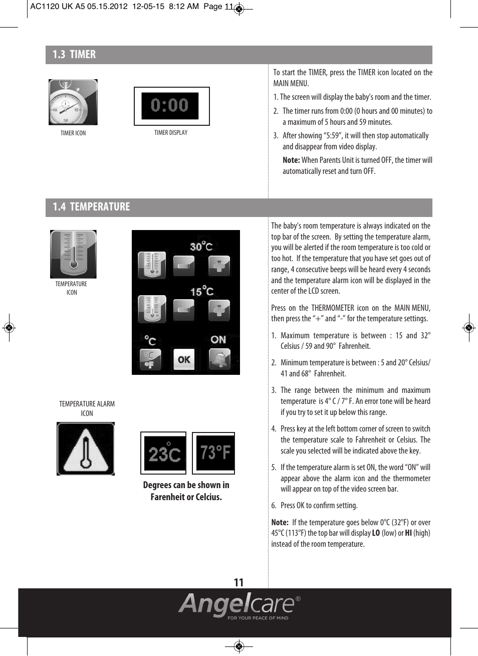 4 temperature, 3 timer | Angelcare AC1120 User Manual | Page 11 / 18