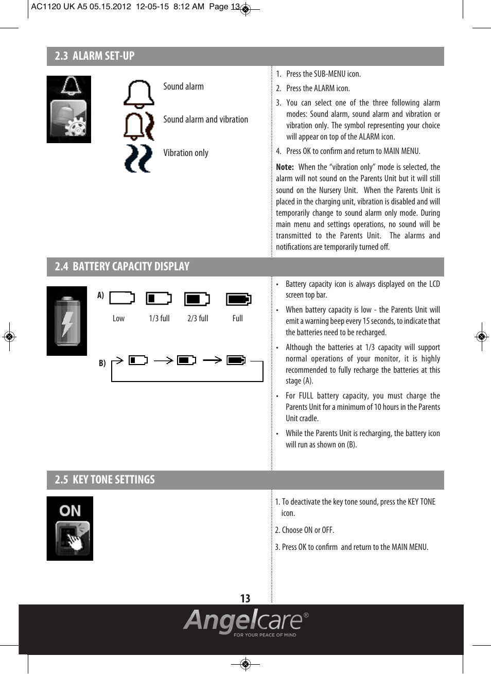 3 alarm set-up, 4 battery capacity display, 5 key tone settings 13 | Angelcare AC1120 User Manual | Page 13 / 18