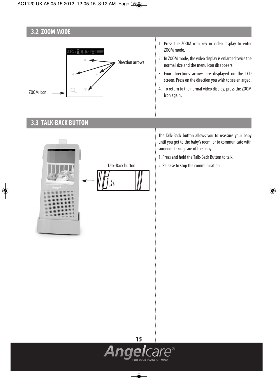 2 zoom mode 3.3 talk-back button | Angelcare AC1120 User Manual | Page 15 / 18