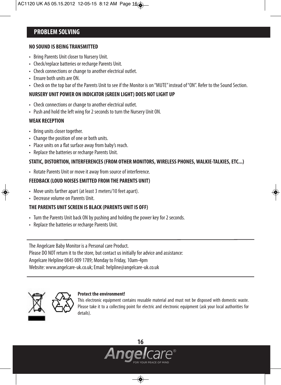Problem solving 16 | Angelcare AC1120 User Manual | Page 16 / 18