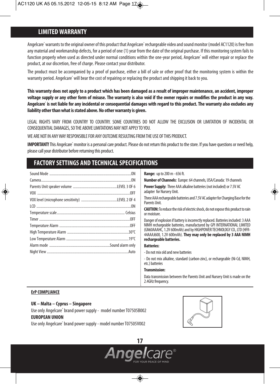 Angelcare AC1120 User Manual | Page 17 / 18