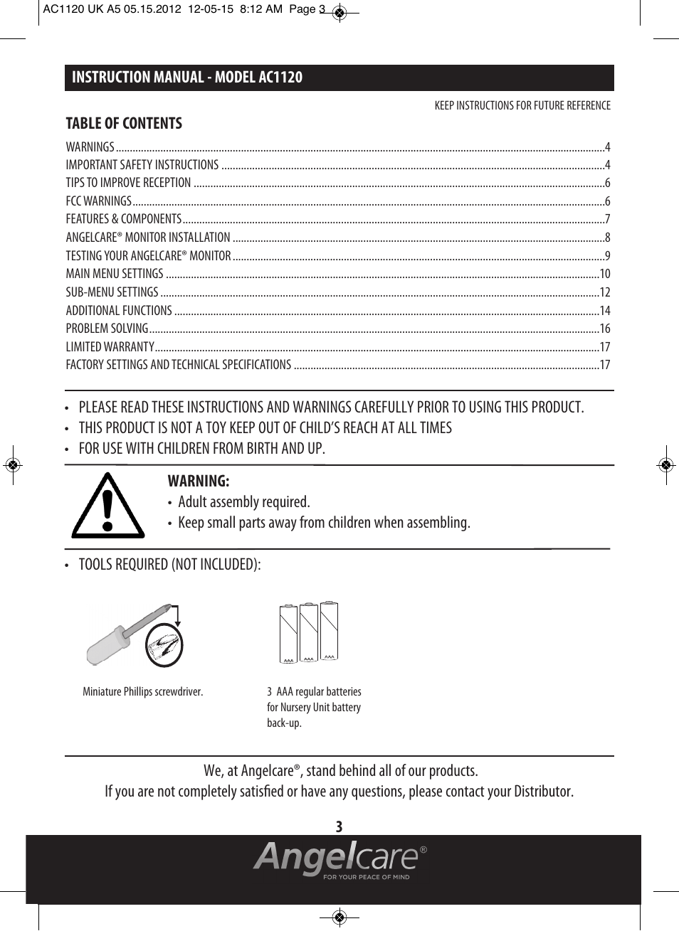 Angelcare AC1120 User Manual | Page 3 / 18