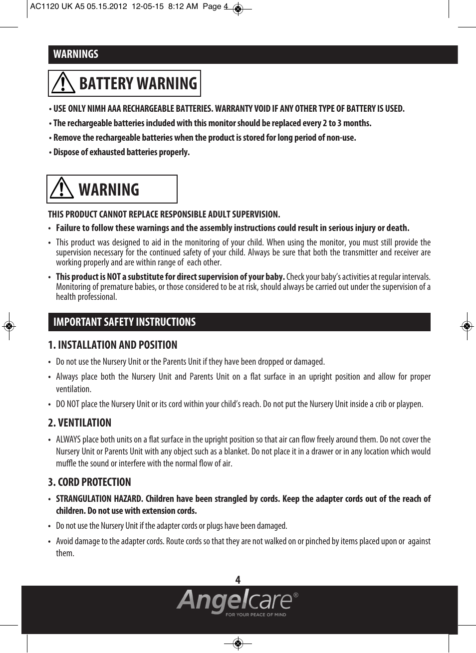 Warning, Battery warning | Angelcare AC1120 User Manual | Page 4 / 18