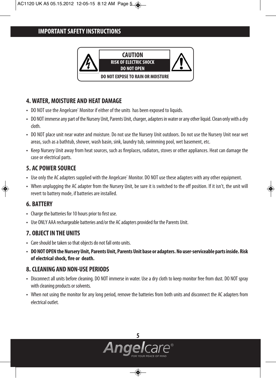 Water, moisture and heat damage, Ac power source, Battery | Object in the units, Cleaning and non-use periods, Caution, Important safety instructions 5 | Angelcare AC1120 User Manual | Page 5 / 18