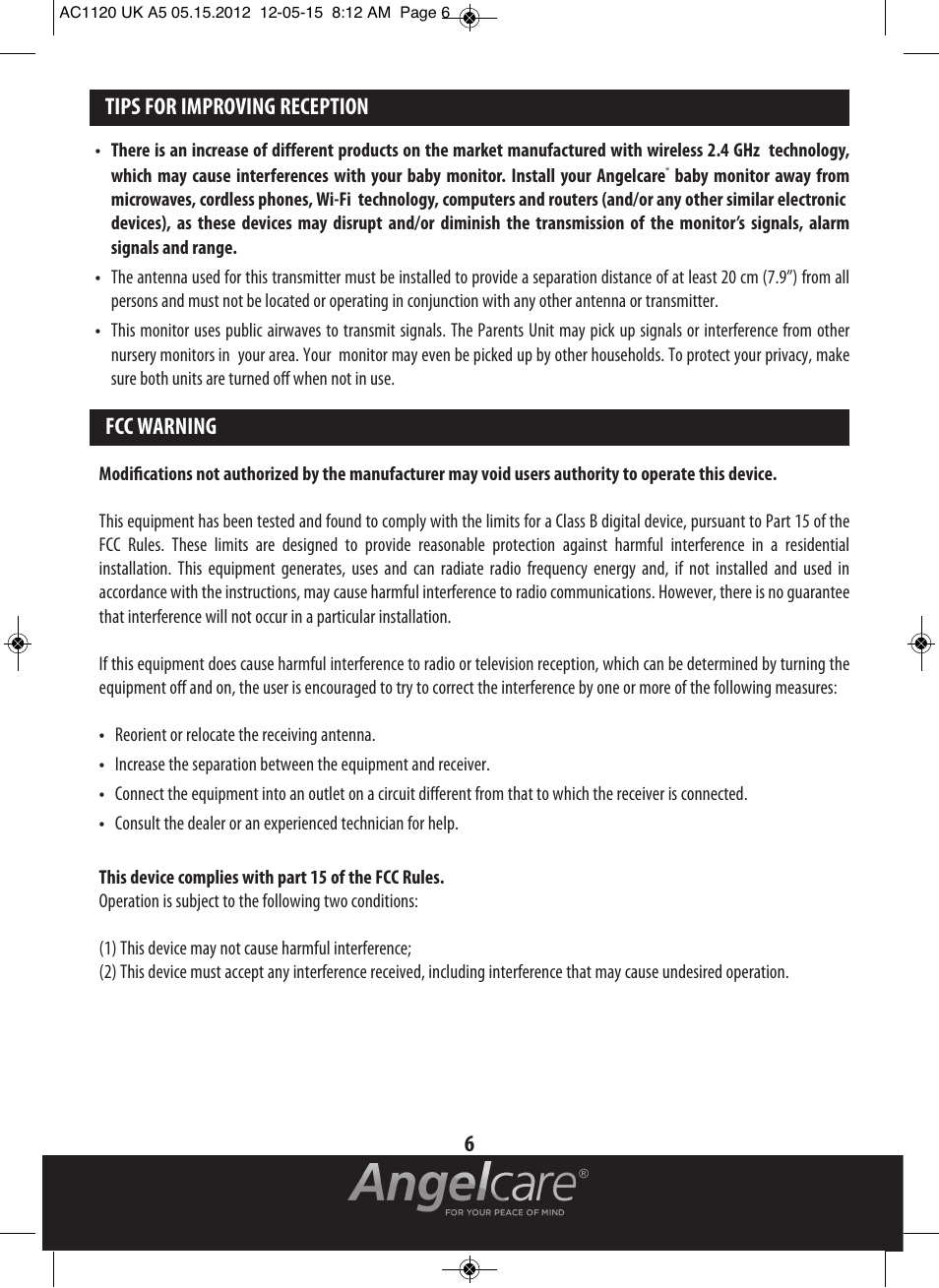 Tips for improving reception fcc warning 6 | Angelcare AC1120 User Manual | Page 6 / 18