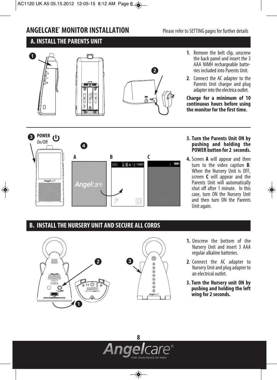 Angelcare, Monitor installation | Angelcare AC1120 User Manual | Page 8 / 18