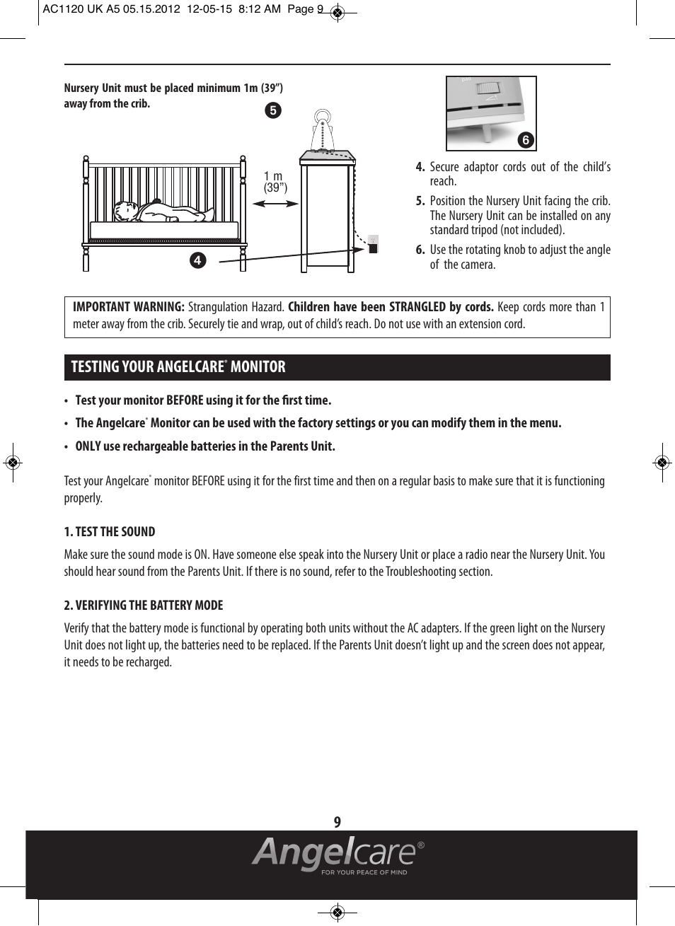 Testing your angelcare, Monitor, ᕤᕥ ᕦ | Angelcare AC1120 User Manual | Page 9 / 18