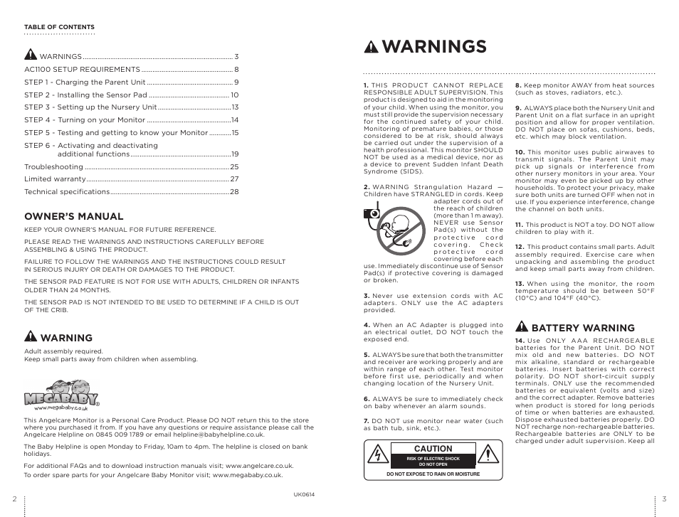 Warnings, Battery warning, Owner’s manual | Warning | Angelcare AC1100 User Manual | Page 2 / 17