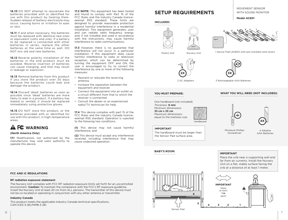 Setup requirements, Warning | Angelcare AC601 User Manual | Page 4 / 13