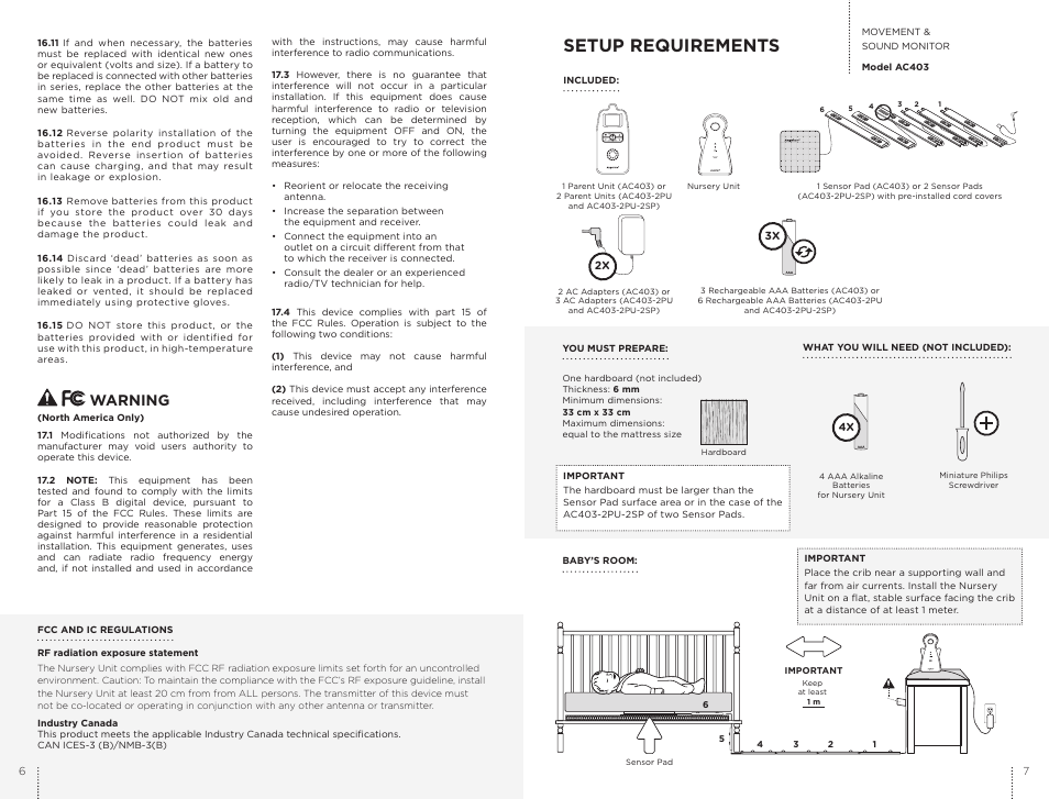 Setup requirements, Warning | Angelcare AC403 User Manual | Page 4 / 17