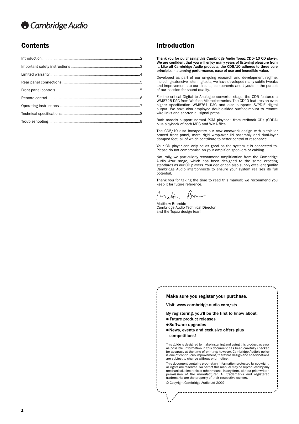 Contents introduction | Cambridge Audio TOPAZ CD5 User Manual | Page 2 / 10