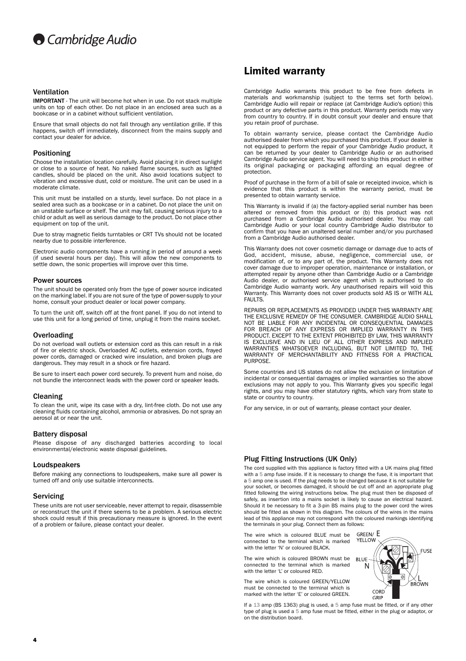 Limited warranty, Ventilation, Positioning | Power sources, Overloading, Cleaning, Battery disposal, Loudspeakers, Servicing, Plug fitting instructions (uk only) | Cambridge Audio TOPAZ CD5 User Manual | Page 4 / 10
