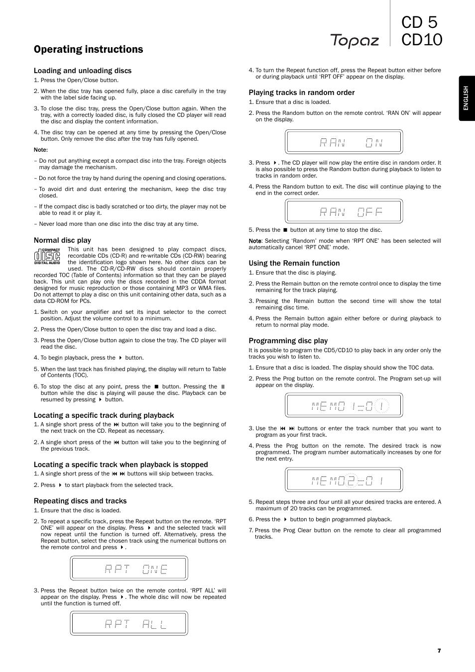 Cd 5 cd10, Operating instructions | Cambridge Audio TOPAZ CD5 User Manual | Page 7 / 10