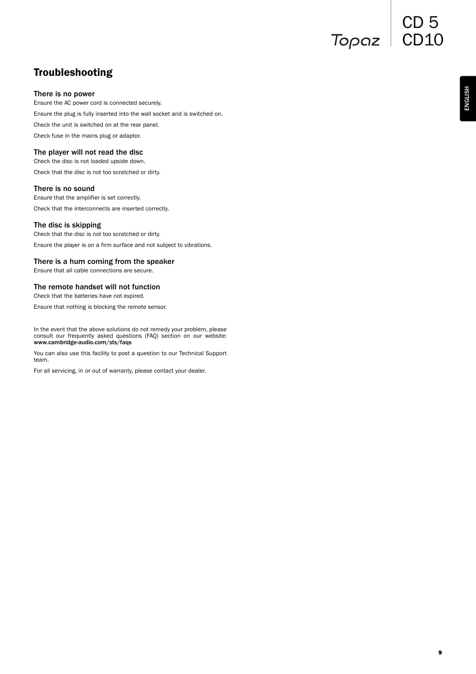 Cd 5 cd10, Troubleshooting | Cambridge Audio TOPAZ CD5 User Manual | Page 9 / 10