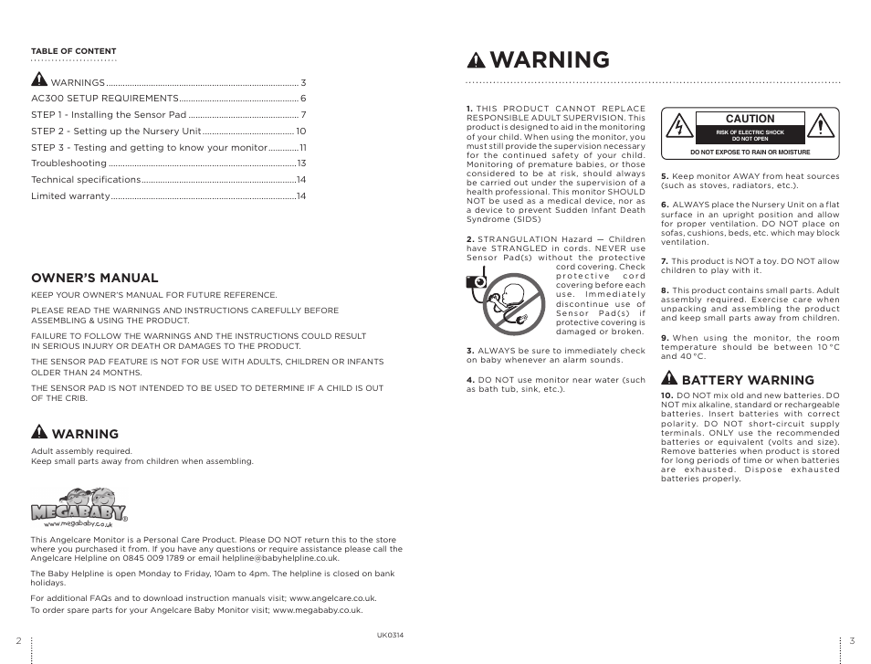 Warning, Battery warning, Owner’s manual | Angelcare AC300 User Manual | Page 2 / 9