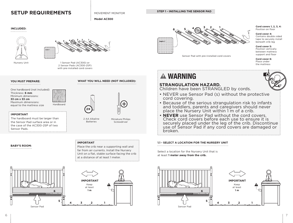 Warning, Setup requirements | Angelcare AC300 User Manual | Page 4 / 9