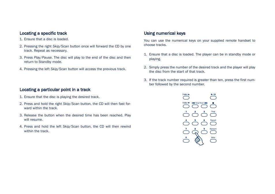 Locating a specific track, Locating a particular point in a track, Using numerical keys | Cambridge Audio CD5 User Manual | Page 10 / 16