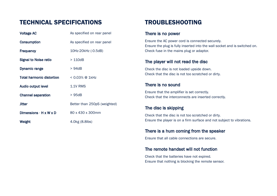 Troubleshooting technical specifications | Cambridge Audio CD5 User Manual | Page 14 / 16