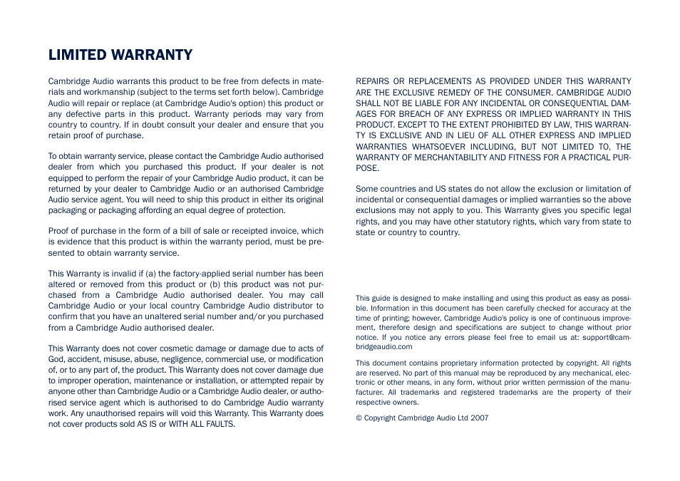 Limited warranty | Cambridge Audio CD5 User Manual | Page 15 / 16