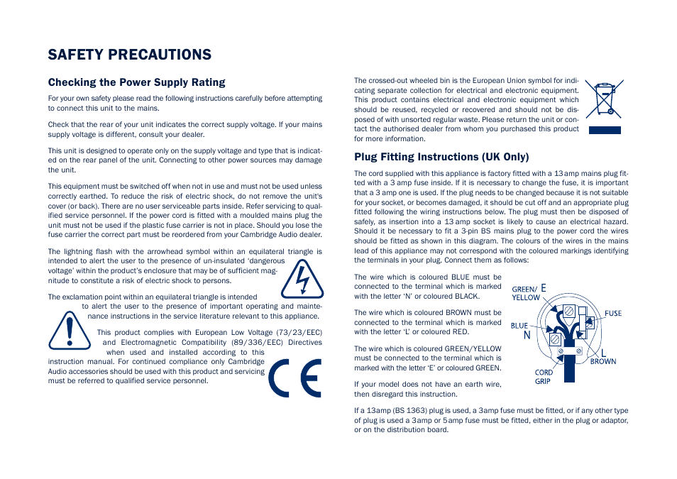 Safety precautions, Plug fitting instructions (uk only), Checking the power supply rating | Cambridge Audio CD5 User Manual | Page 3 / 16