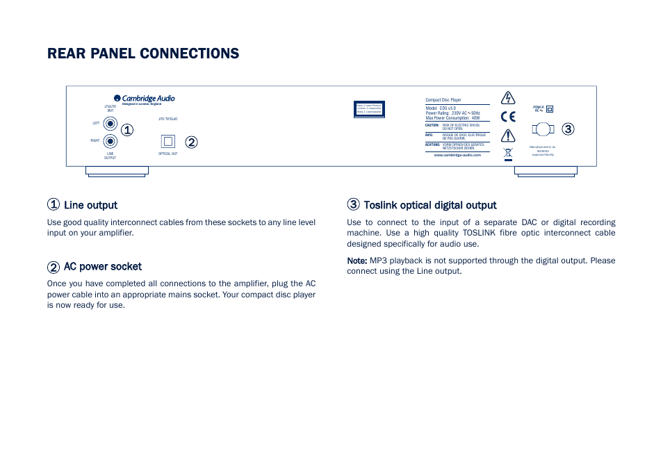 Rear panel connections, Line output, Ac power socket | Toslink optical digital output | Cambridge Audio CD5 User Manual | Page 5 / 16
