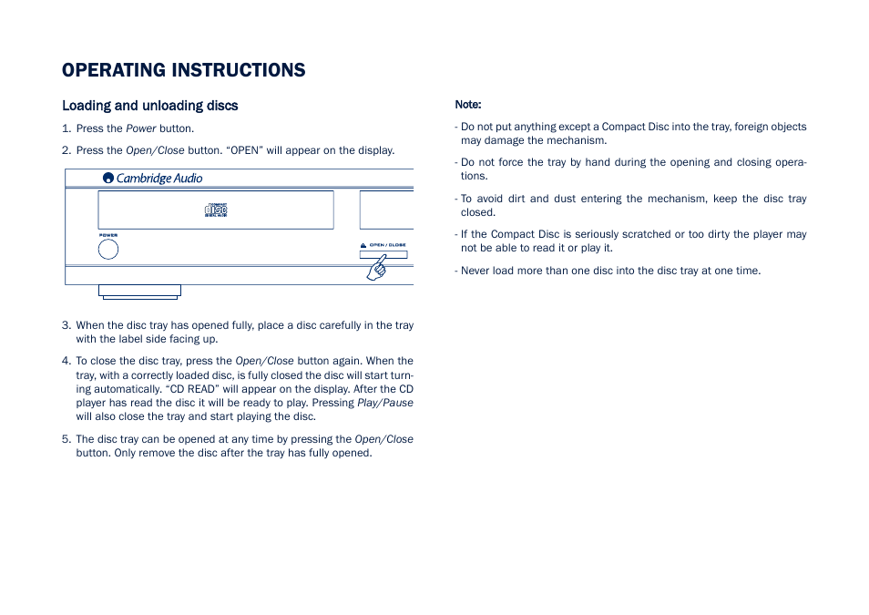 Operating instructions, Loading and unloading discs | Cambridge Audio CD5 User Manual | Page 8 / 16