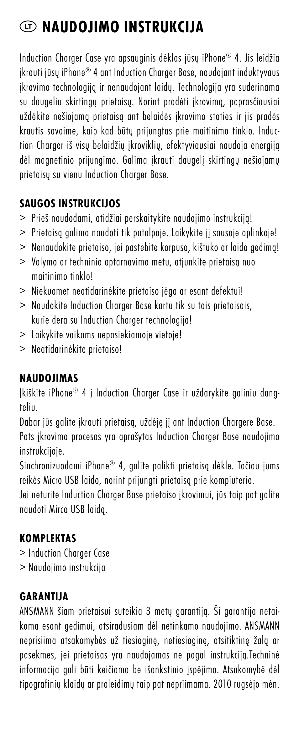 Lt naudojimo instrukcija | ANSMANN 1700-0002 Induction Case iPhone 4 User Manual | Page 13 / 28