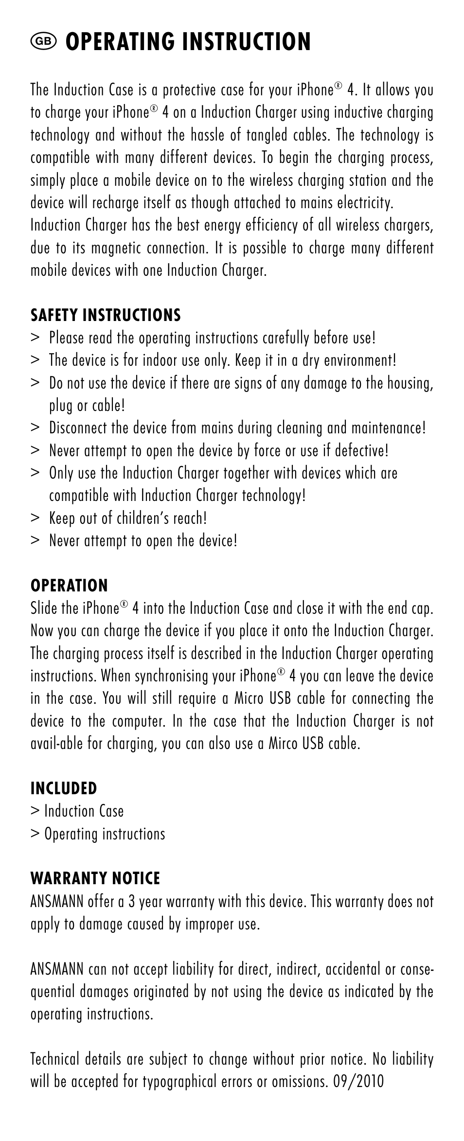 Gb operating instruction | ANSMANN 1700-0002 Induction Case iPhone 4 User Manual | Page 4 / 28
