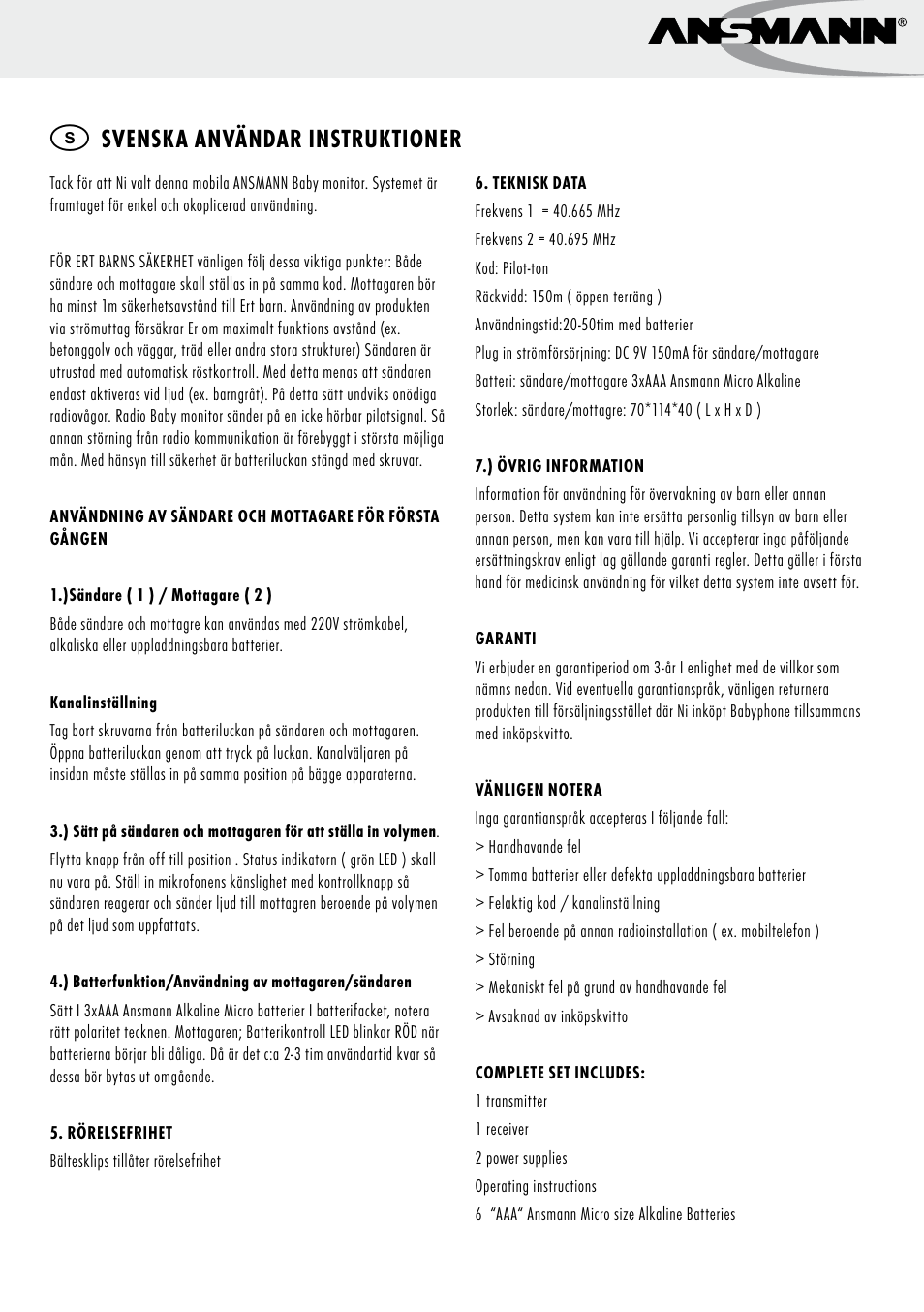 Svenska användar instruktioner | ANSMANN 5070063 Babyphnone London User Manual | Page 12 / 25