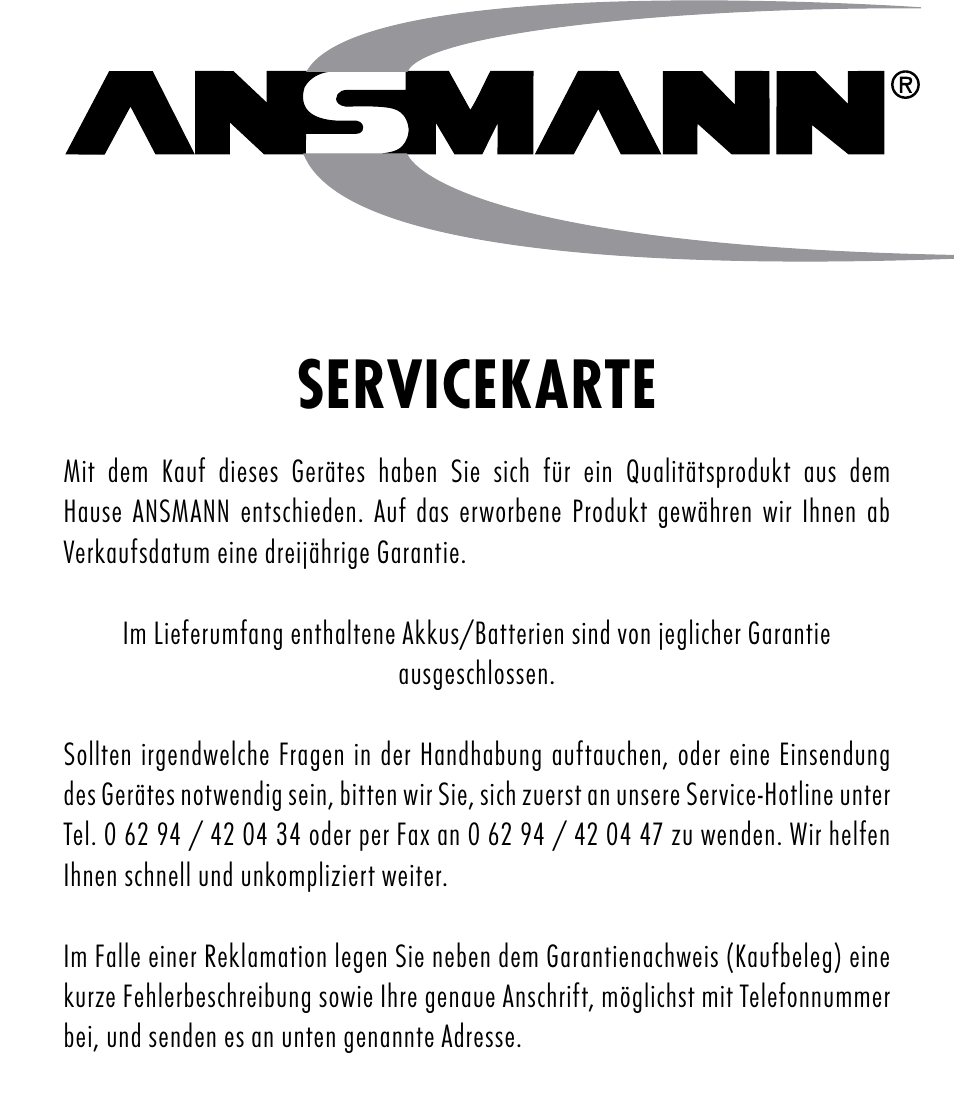 Servicekarte | ANSMANN 5107543 maxE Power Set User Manual | Page 39 / 40