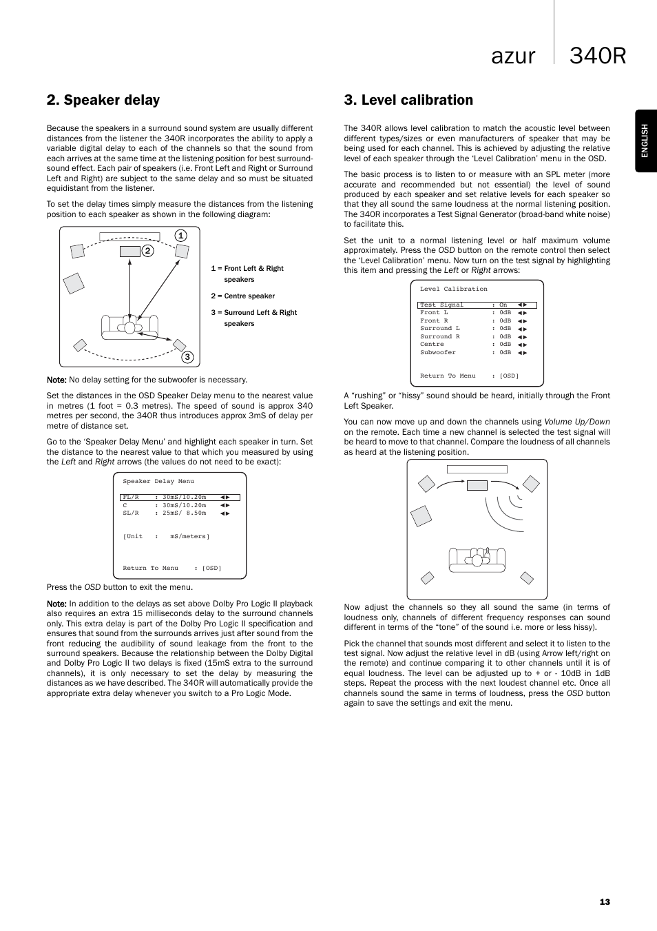 340r azur, Speaker delay, Level calibration | Cambridge Audio Azur User Manual | Page 13 / 22