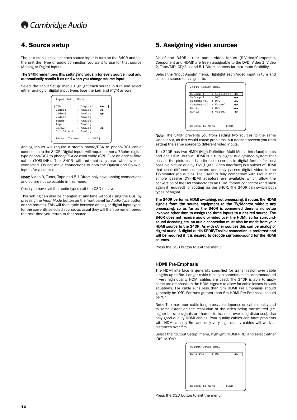 Source setup, Assigning video sources, Hdmi pre-emphasis | Cambridge Audio Azur User Manual | Page 14 / 22