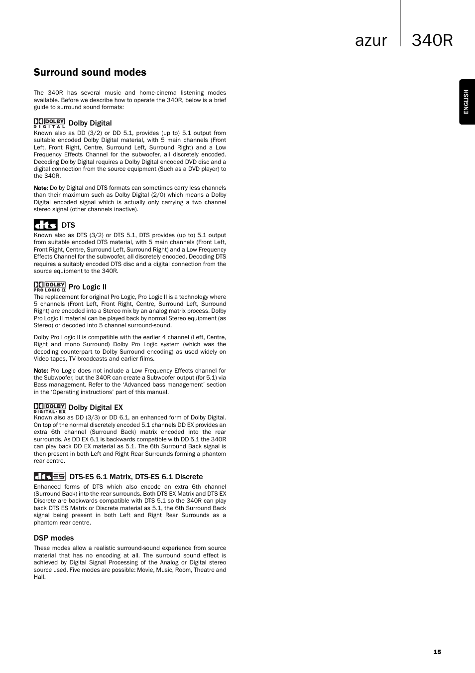 340r azur, Surround sound modes | Cambridge Audio Azur User Manual | Page 15 / 22