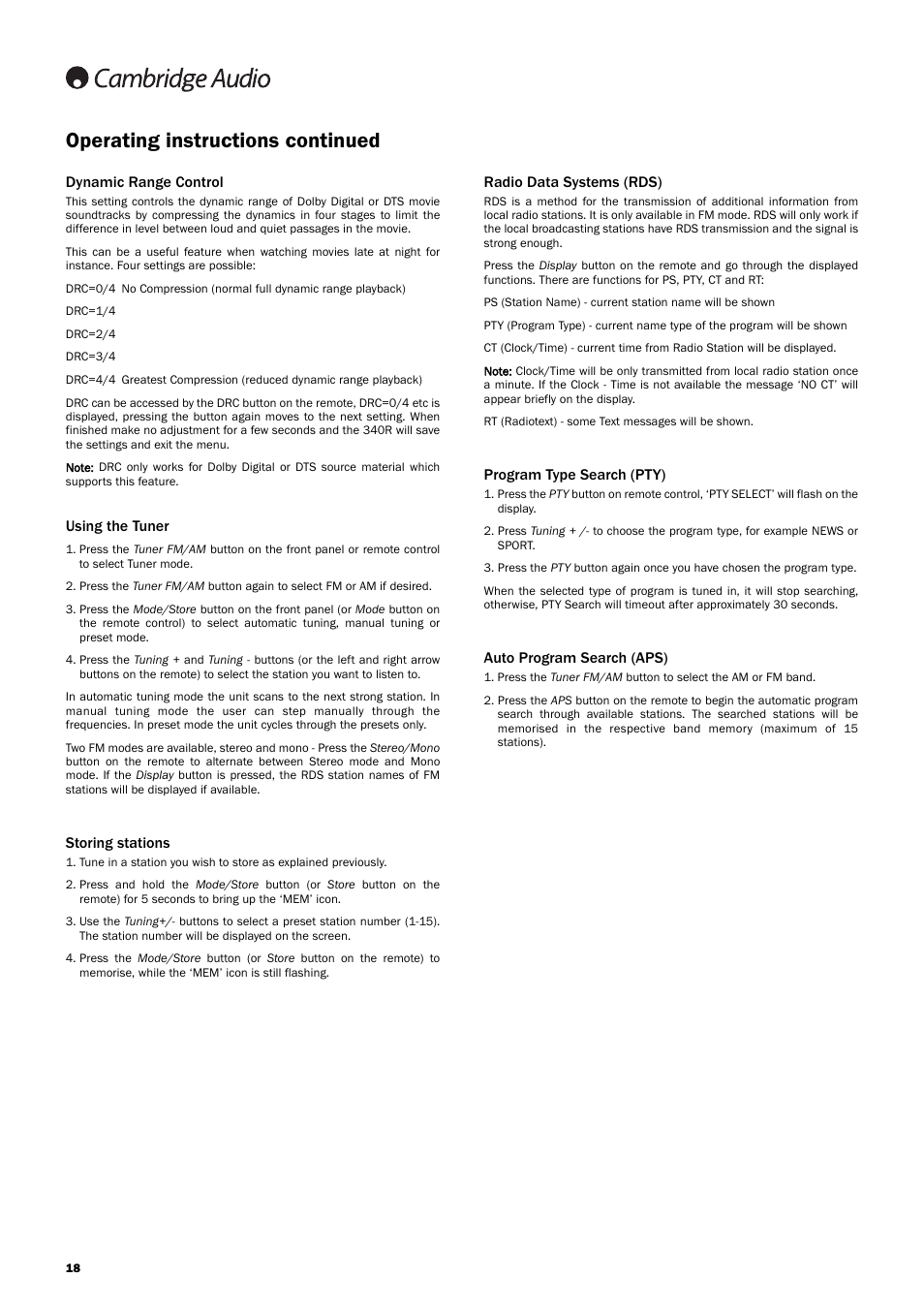 Operating instructions continued | Cambridge Audio Azur User Manual | Page 18 / 22