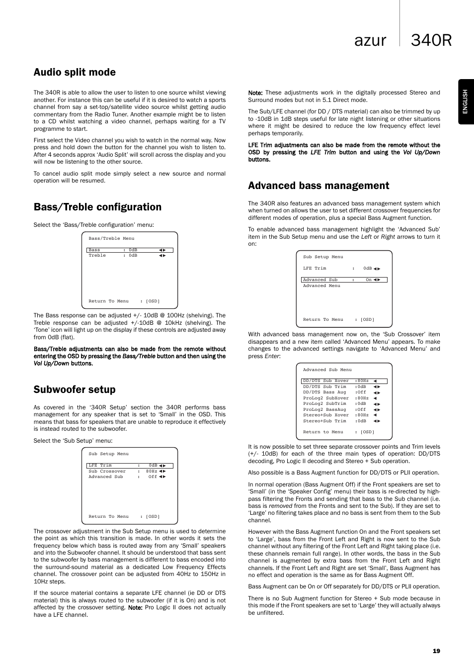 340r azur, Advanced bass management, Bass/treble configuration | Subwoofer setup, Audio split mode | Cambridge Audio Azur User Manual | Page 19 / 22
