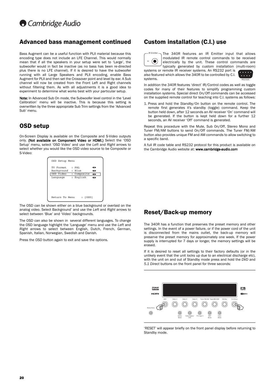 Osd setup, Advanced bass management continued, Custom installation (c.i.) use | Cambridge Audio Azur User Manual | Page 20 / 22