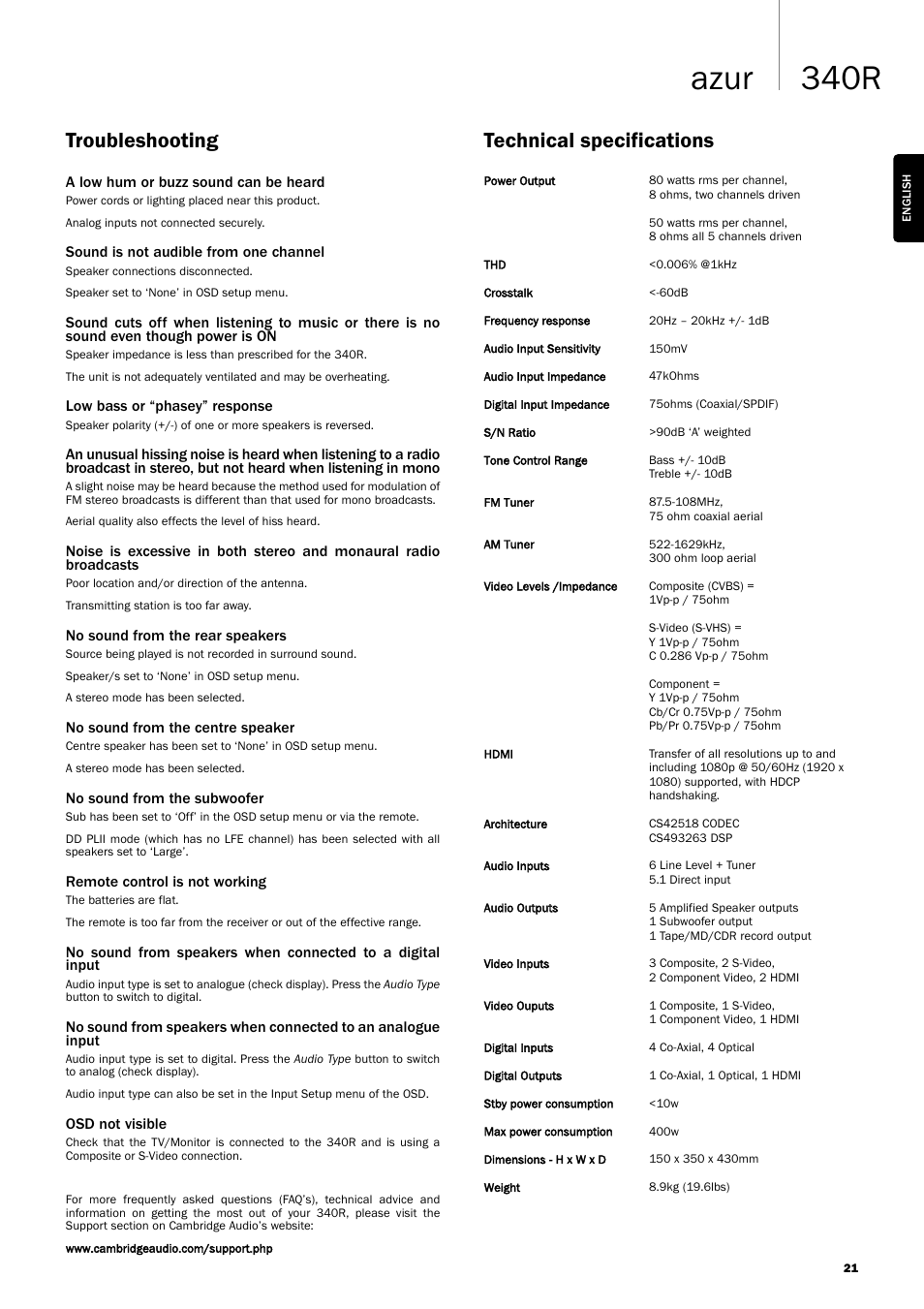 340r azur, Technical specifications, Troubleshooting | Cambridge Audio Azur User Manual | Page 21 / 22