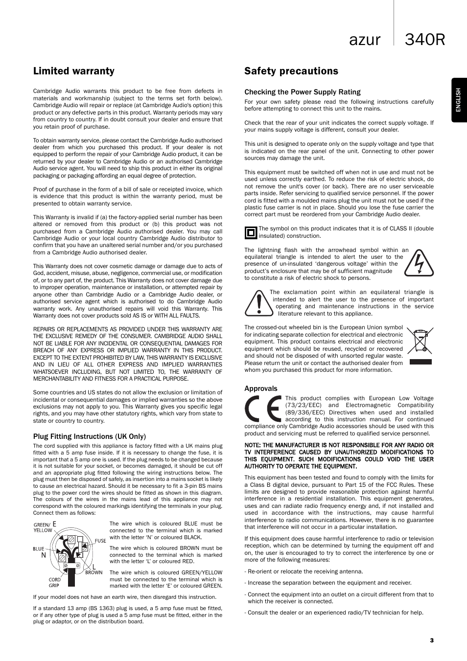 340r azur, Limited warranty, Safety precautions | Cambridge Audio Azur User Manual | Page 3 / 22