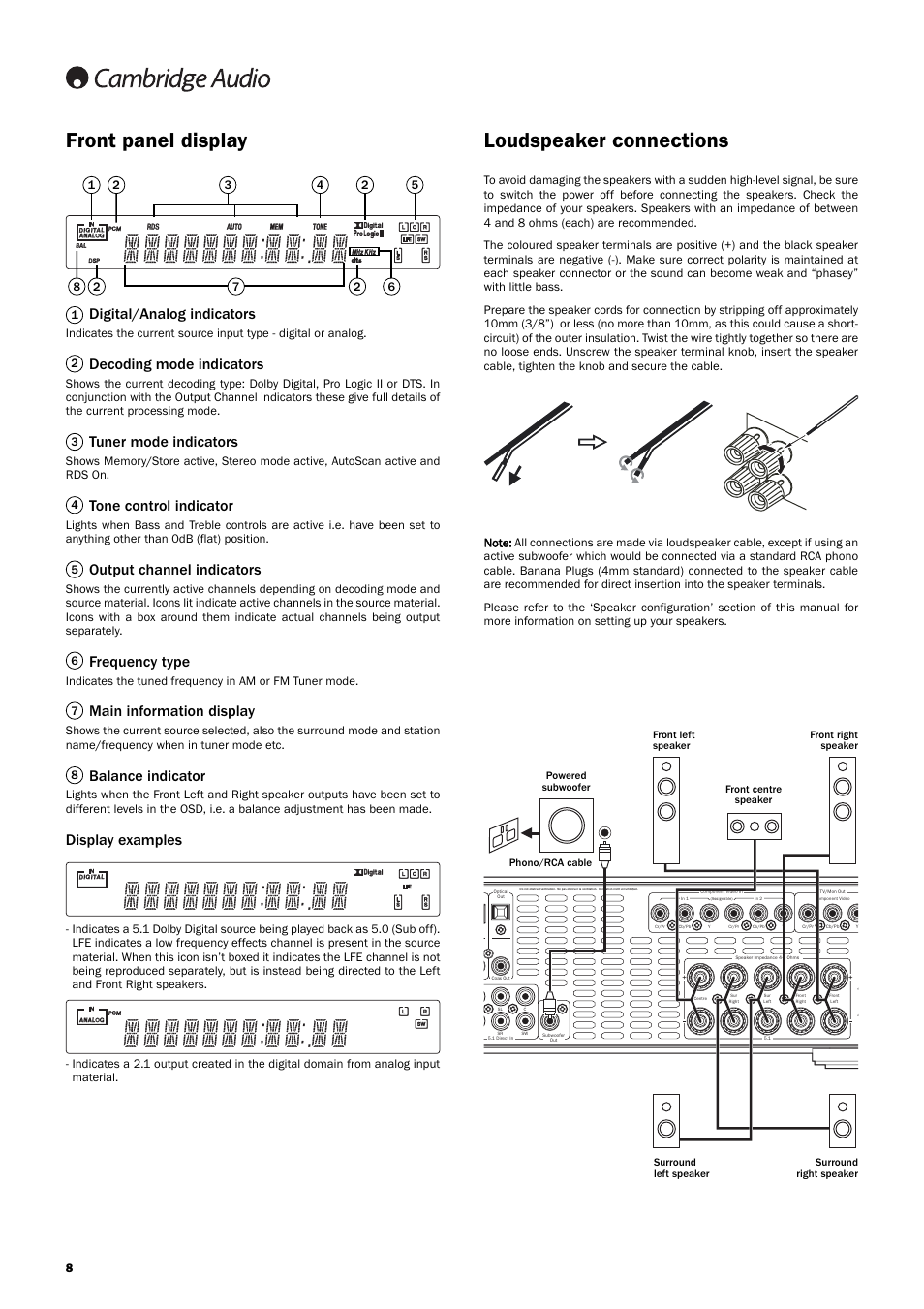 Front panel display, Loudspeaker connections, Digital/analog indicators | Decoding mode indicators, Tuner mode indicators, Tone control indicator, Output channel indicators, Frequency type, Main information display, Balance indicator | Cambridge Audio Azur User Manual | Page 8 / 22