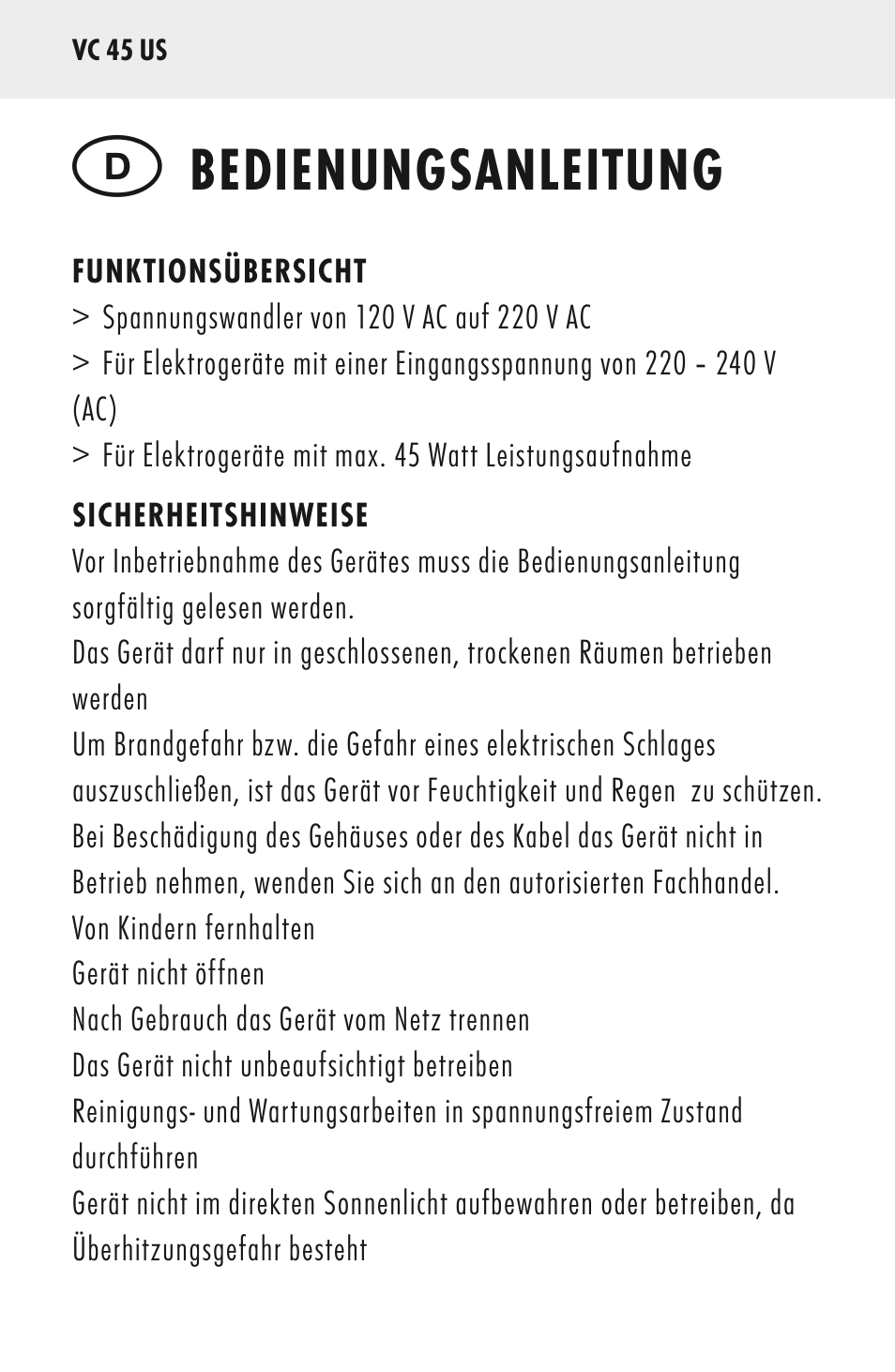 Bedienungsanleitung | ANSMANN 5500022 VC 45 US User Manual | Page 2 / 36