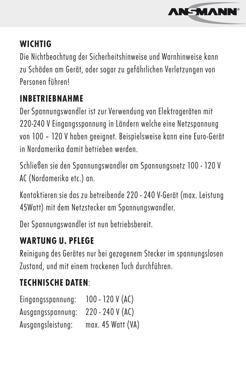 ANSMANN 5500022 VC 45 US User Manual | Page 3 / 36