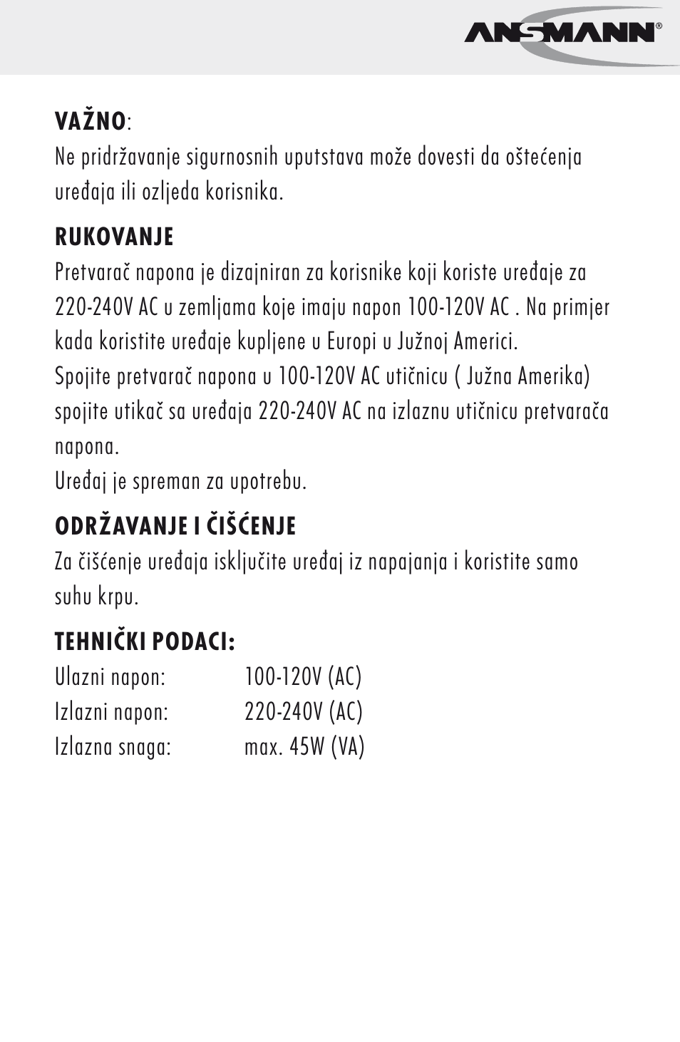 Uputstva za rukovanje | ANSMANN 5500022 VC 45 US User Manual | Page 31 / 36
