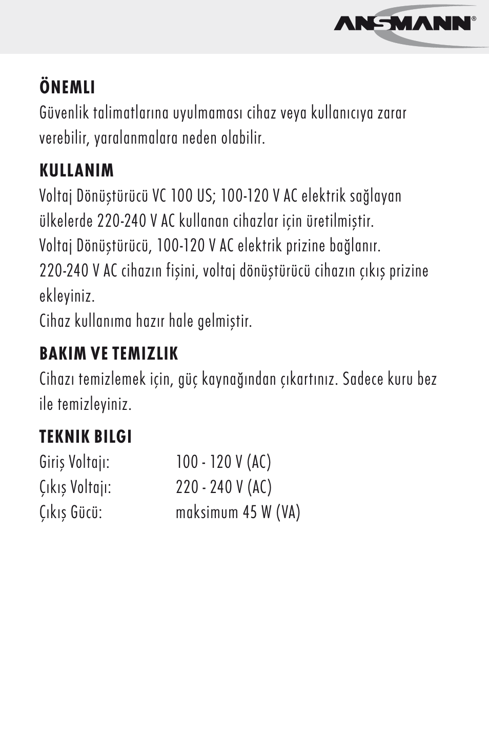 Kullanim talimati | ANSMANN 5500022 VC 45 US User Manual | Page 33 / 36