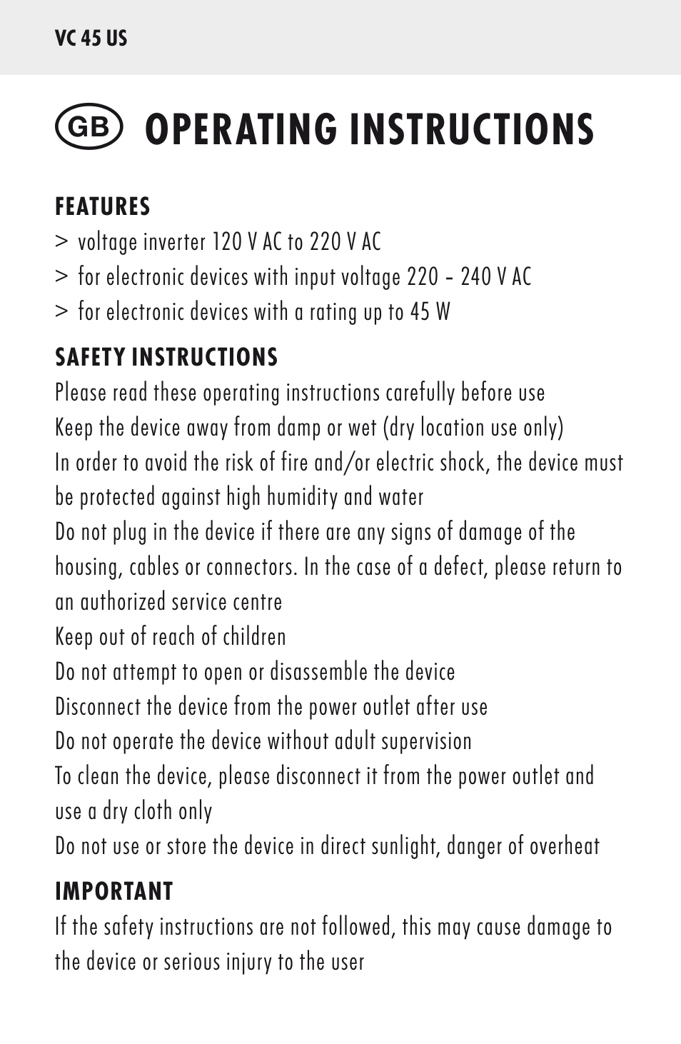 Operating instructions | ANSMANN 5500022 VC 45 US User Manual | Page 4 / 36